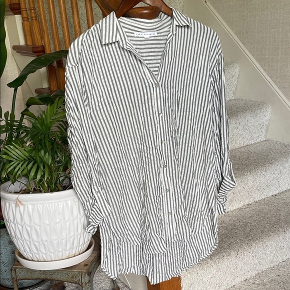 Jane + Delancey Coastal Gray Blue and White Striped Button Down Shirt - Picture 2 of 14